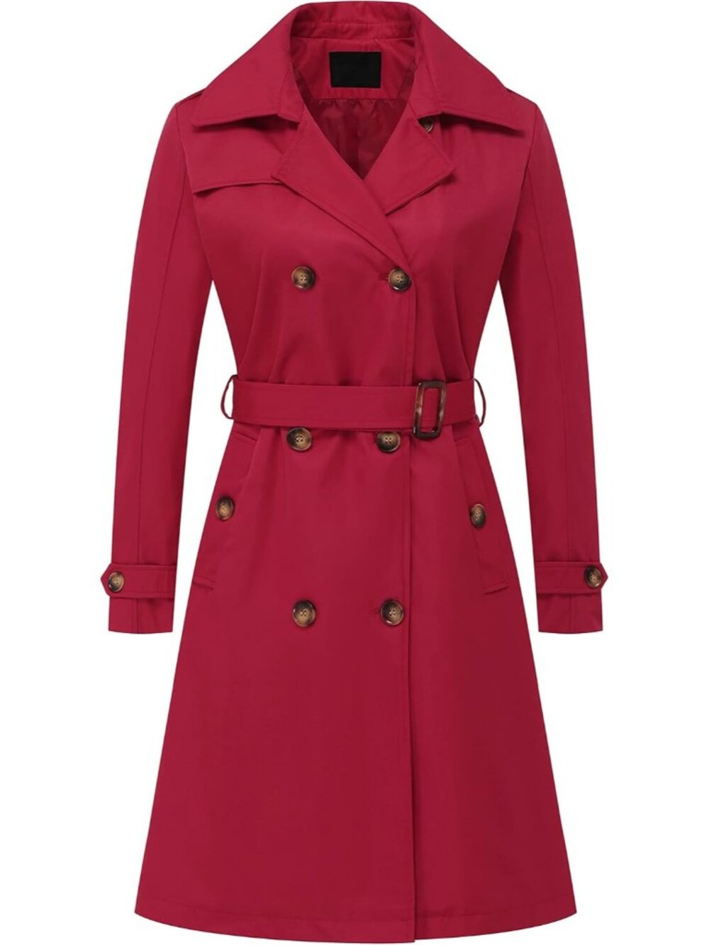Womens Burgundy Detachable Hood Mid-Long Belted Double-Breasted Trench Rain Coat